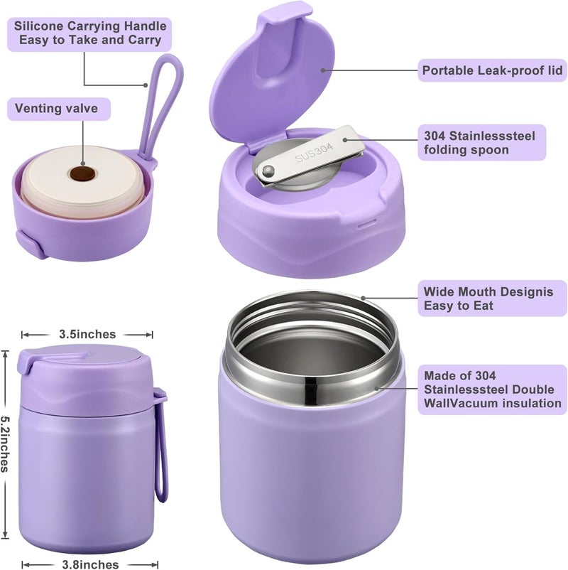 Howeemo 17oz Soup Thermo for Hot Food Kids,Insulated Food Jar with Spoon,Thermo Hot Food Lunch Container,Wide Mouth Leakproof Stainless Steel Lunch Box for School-Purple - Image 2